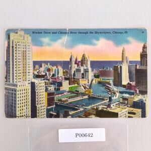 Wacker Drive & Chicago River Through Skyscrapers IL 1940s Linen Postcard 1952